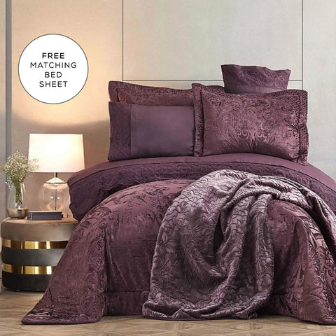 Karaca Home Valeria Best Bedding Set with Bed Sheet, 8 Piece, Double, Plum