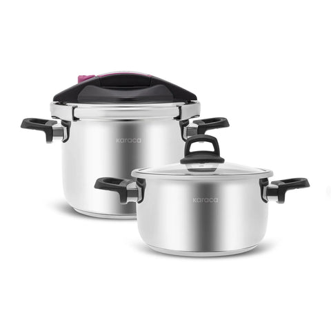 Karaca Perfect 2-Piece Stainless Steel Induction Pressure Cooker Set, 4L+6L, Purple Black Silver