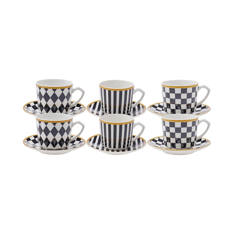 Karaca Chekers 12-Piece Porcelain Espresso Turkish Coffee Cup Set for 6 People, 80ml, Multi