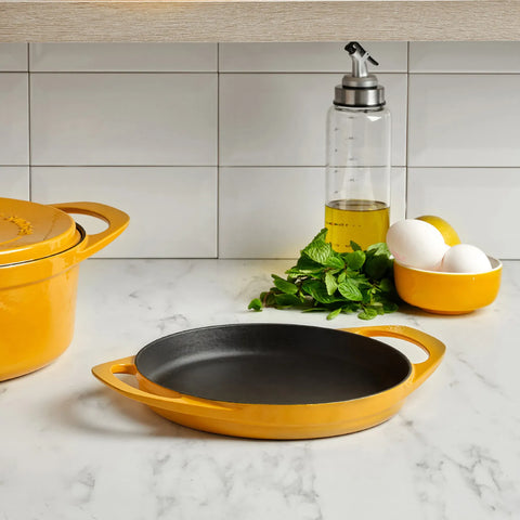 Pot Art Cast Iron Induction Shallow Stock Pot, 22cm, Yellow