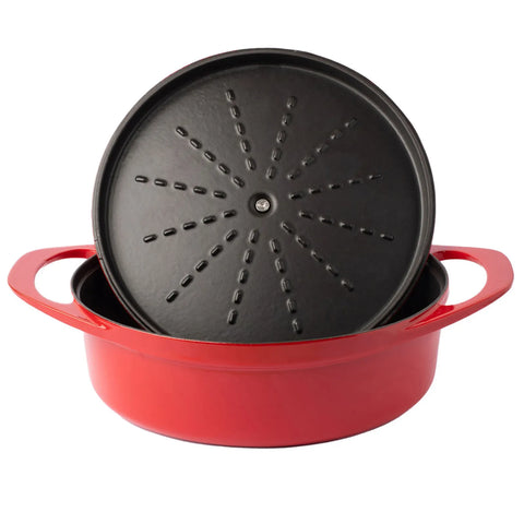 Pot Art Cast Iron Induction Shallow Casserole with Lid, 26cm, Red