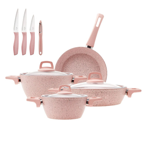 Karaca Stella Biogranite 11-Piece Non-Stick Cookware Set with Knife Set, Pink