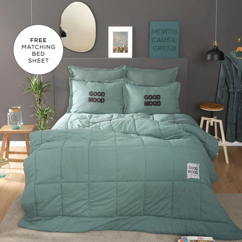 Karaca Home Motto Cotton Comfort Duvet Set with Bed Sheet, Double, Petrol