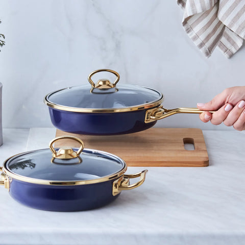 Karaca Piraye Enamel 2-Piece Pan Set, Navy Blue Gold