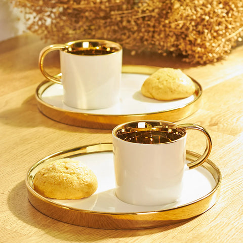 Karaca Levin 4 Piece Porcelain Espresso Turkish Coffee Cup for 2 People, 100ml, White Gold