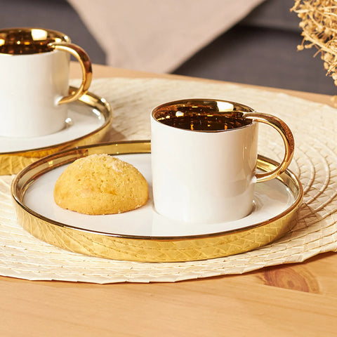 Karaca Levin 4 Piece Porcelain Espresso Turkish Coffee Cup for 2 People, 100ml, White Gold