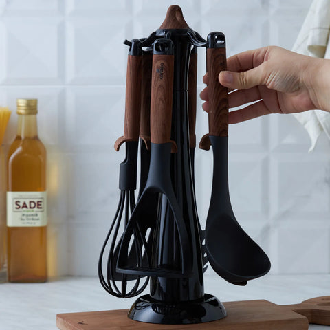 Karaca Woody 6 Piece Kitchen Utensil Set with Stand, Black Brown