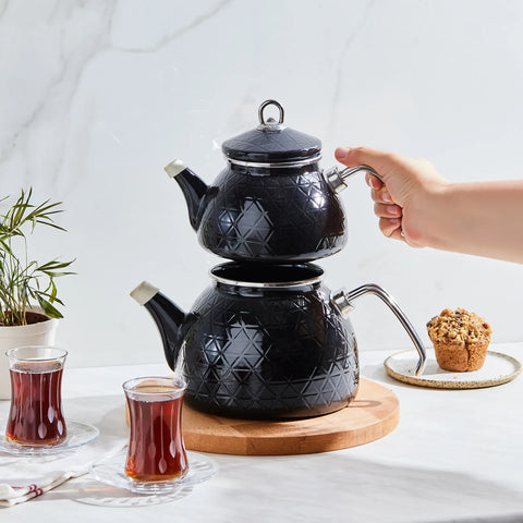 Karaca Kristal Enamel Induction Teapot Set, Black Silver