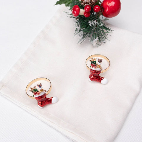 Karaca Home New Year Christmas Socks Metal Napkin Ring Set, 2 Piece, Multi