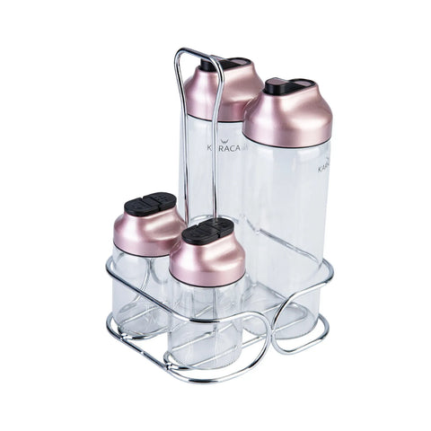 Karaca Dimple 4 Piece Glass Salad Sauce Set with Stand, Rose Gold