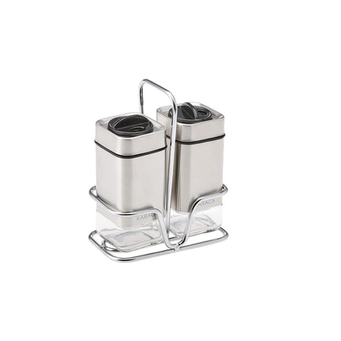 Karaca Avangart 2 Piece Glass Salt and Pepper Shaker with Stand, 100ml, Inox Transparent