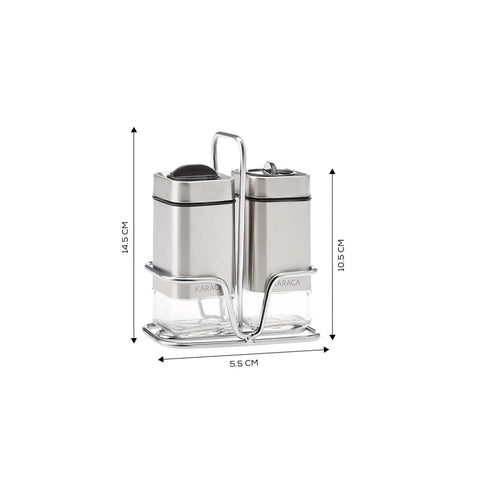 Karaca Avangart 2 Piece Glass Salt and Pepper Shaker with Stand, 100ml, Inox Transparent