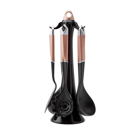 Karaca Hardy 5 Piece Kitchen Utensil Set with Stand, Rose Black