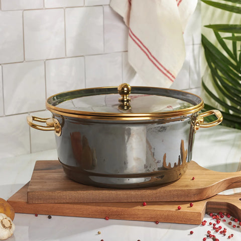 Karaca Troy Enamel Induction Stockpot with Lid, 24cm, Black Gold