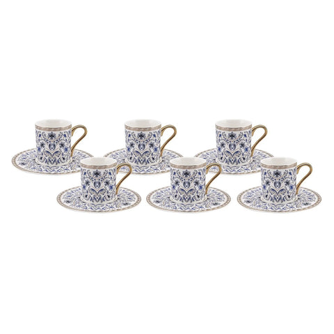 Karaca Delft 12 Piece Porcelain Espresso Turkish Coffee Cup for 6 People, 90ml, Blue White Gold