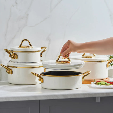 Karaca Ilion 8-Piece Enamel Induction Cookware Set, Cream Gold