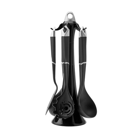 Karaca Hardy 5 Piece Kitchen Utensil Set with Stand, Black Grey