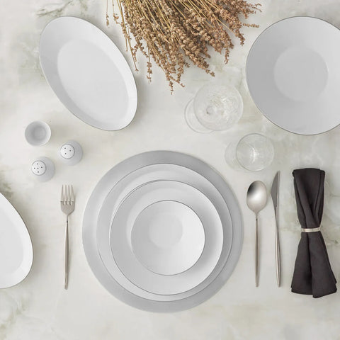 Karaca x Hussein Chalayan Streamline Sun Path 59-Piece Bone China Dinner Set for 12 People, White Platinum