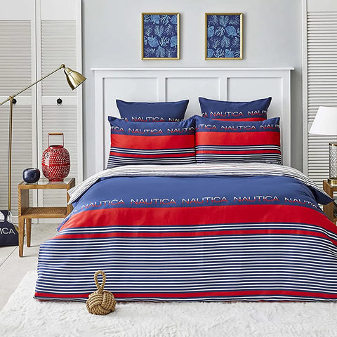 Nautica Drifting 100% Turkish Cotton Duvet Cover Set, Single, 140cmx200cm, Navy Blue Multi