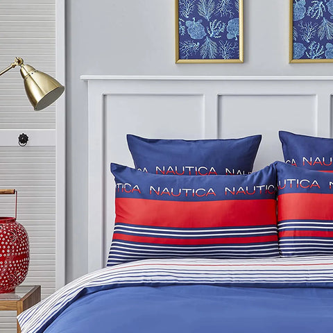 Nautica Drifting 100% Turkish Cotton Duvet Cover Set, Single, 140cmx200cm, Navy Blue Multi