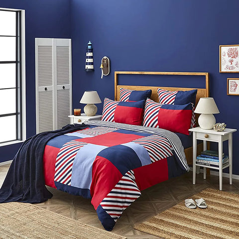 Nautica Morris 100% Turkish Cotton Duvet Cover Set, King, 230cmx220cm, Navy Blue Multi