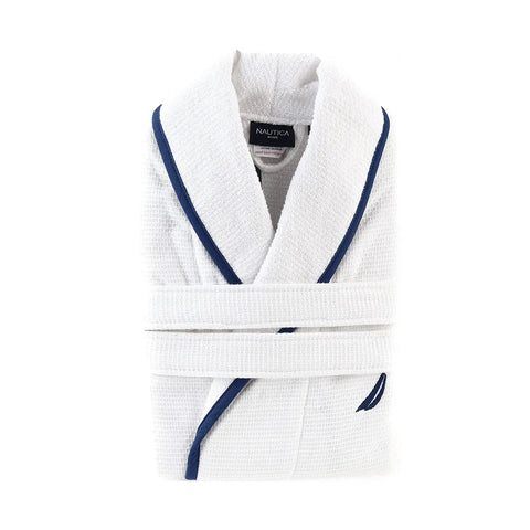 Nautica Home Marlin 100% Turkish Cotton Bathrobe, Medium, White Navy Blue