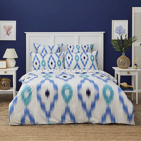 Nautica Ikat 100% Turkish Cotton Duvet Cover Set, King, 230cmx220cm, White Blue