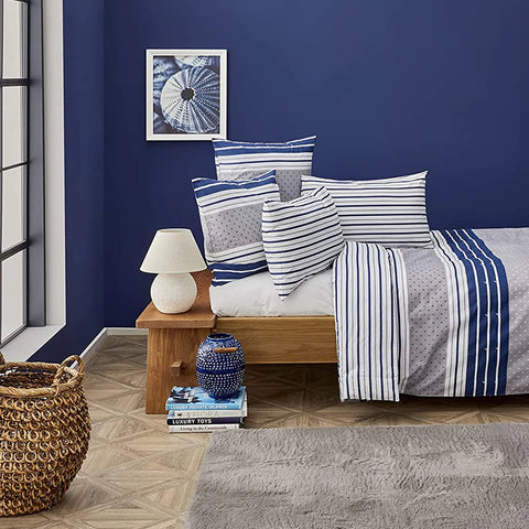 Nautica Bornea 100% Turkish Cotton Duvet Cover Set, Single, 140cmx200cm, Navy Blue White