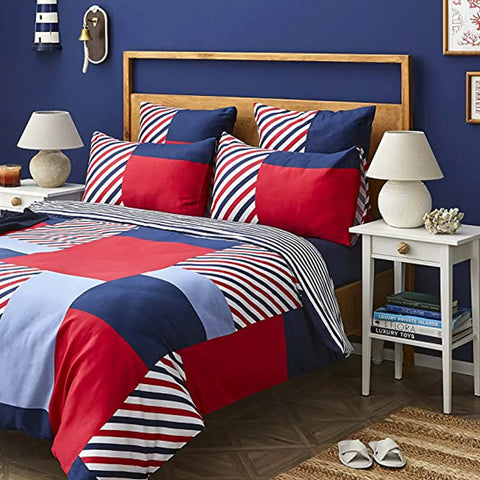 Nautica Morris 100% Turkish Cotton Duvet Cover Set, Super King, 260cmx220cm, Navy Blue Multi