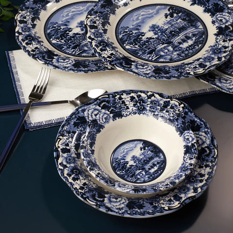 Karaca New Blue Odyssey 24-Piece Stoneware Dinner Set for 6 People, Blue White