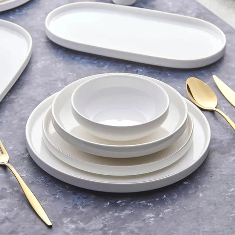 Karaca Streamline Saturn 59-Piece Bone China Dinner Set for 12 People, White Gold