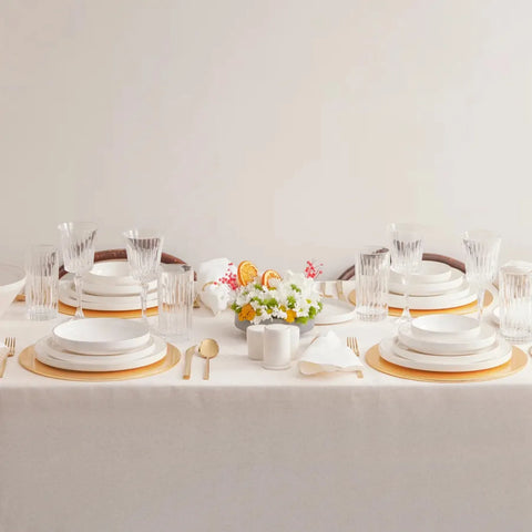 Karaca Streamline Saturn 59-Piece Bone China Dinner Set for 12 People, White Gold