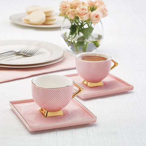 Karaca Art Deco 4 Piece Porcelain Espresso Turkish Coffee Cup Set for 2 People, 80ml, Pink Gold