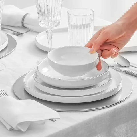 Karaca Streamline Saturn 59-Piece Bone China Dinner Set for 12 People, White Platinum