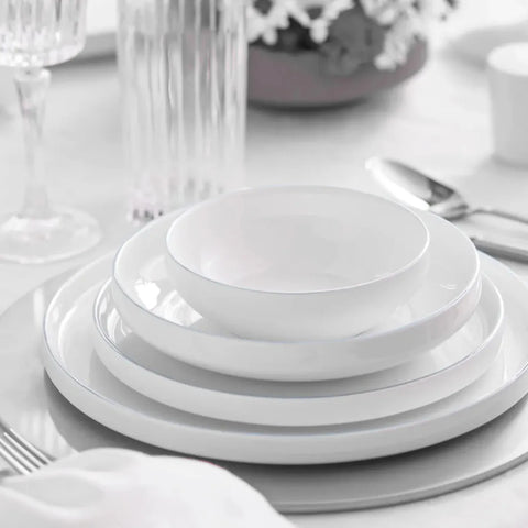 Karaca Streamline Saturn 59-Piece Bone China Dinner Set for 12 People, White Platinum