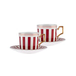 Karaca Jolly Red Bold Line 4 Piece Porcelain Tea Cup and Saucer Set for 2 People, 220ml, Red Multi