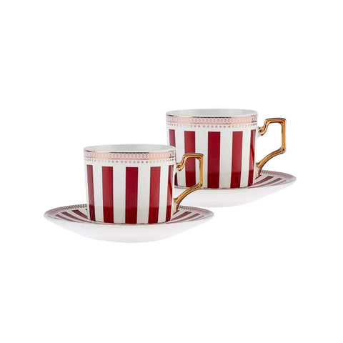 Karaca Jolly Red Bold Line 4 Piece Porcelain Tea Cup and Saucer Set for 2 People, 220ml, Red Multi