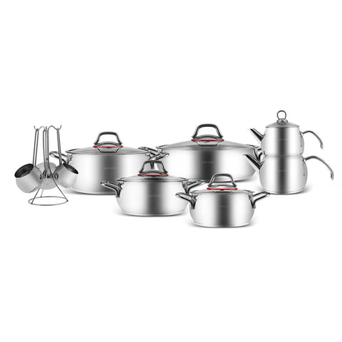 Karaca Aida 15-Piece Stainless Steel Induction Cookware Set with Teapot Set and Turkish Coffee Pot Set with Stand, Grey Red