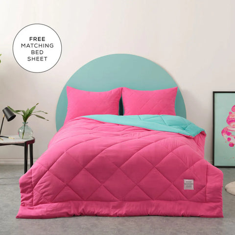 Karaca Home Smart Comfort Raspberry 100% Microfiber Duvet Set with Bed Sheet, Double, Pink Blue