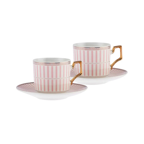 Karaca Jolly 4 Piece Porcelain Thin Line Tea Cup and Saucer Set for 2 People, 220ml, Pink Multi