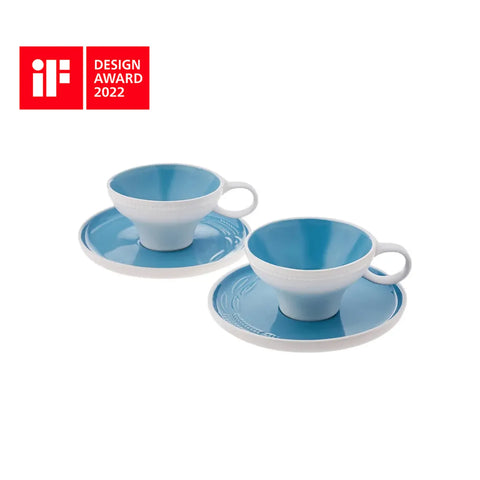 Karaca Fit Collection 4 Piece Stoneware Tea Cup and Saucer Set for 2 People, 10cmx5.5cm, Blue White