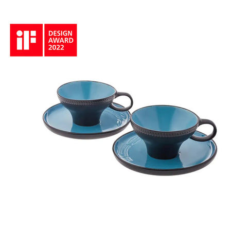 Karaca Fit Collection 4 Piece Stoneware Tea Cup and Saucer Set for 2 People, 10cmx5.5cm, Blue Black