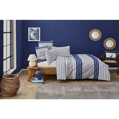 Nautica Bornea 100% Turkish Cotton Duvet Cover Set, Double, 200cmx200cm, Navy Blue White