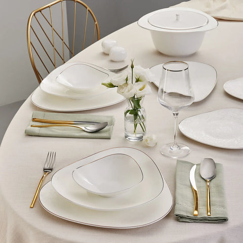 Karaca Fine Pearl Extra Jules 62-Piece Dinner Set for 12 People, White Gold