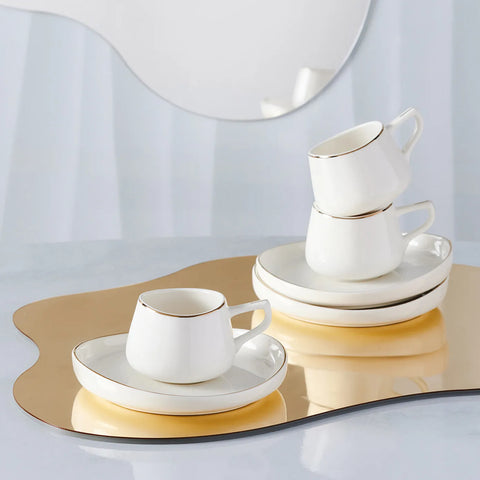 Karaca Hole 12-Piece Porcelain Espresso Turkish Coffee Cup Set for 6 People, 90ml, Gold White