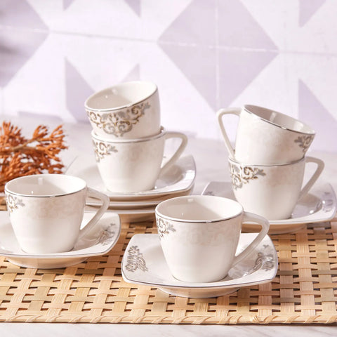 Karaca Nazende 12 Piece Porcelain Espresso Turkish Coffee Cup Set for 6 People, 80ml, White Platinum