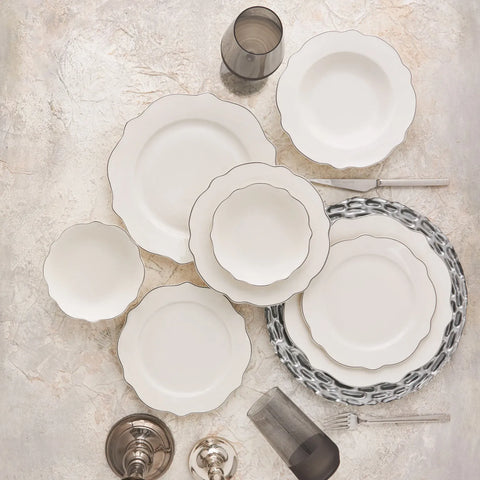 Karaca Almond 24-Piece Porcelain Dinner Set for 6 People, White Platinum