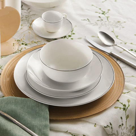 Karaca Rowan 69-Piece Bone China Dinner Set for 12 People, White Platinum