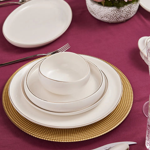 Karaca Red Carpet Collection Streamline Hole 59-Piece Bone China Dinner Set for 12 People, Gold White