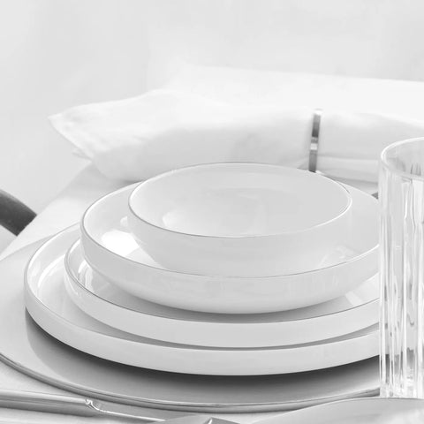 Karaca Streamline Saturn 59-Piece Bone China Dinner Set for 12 People, White Platinum